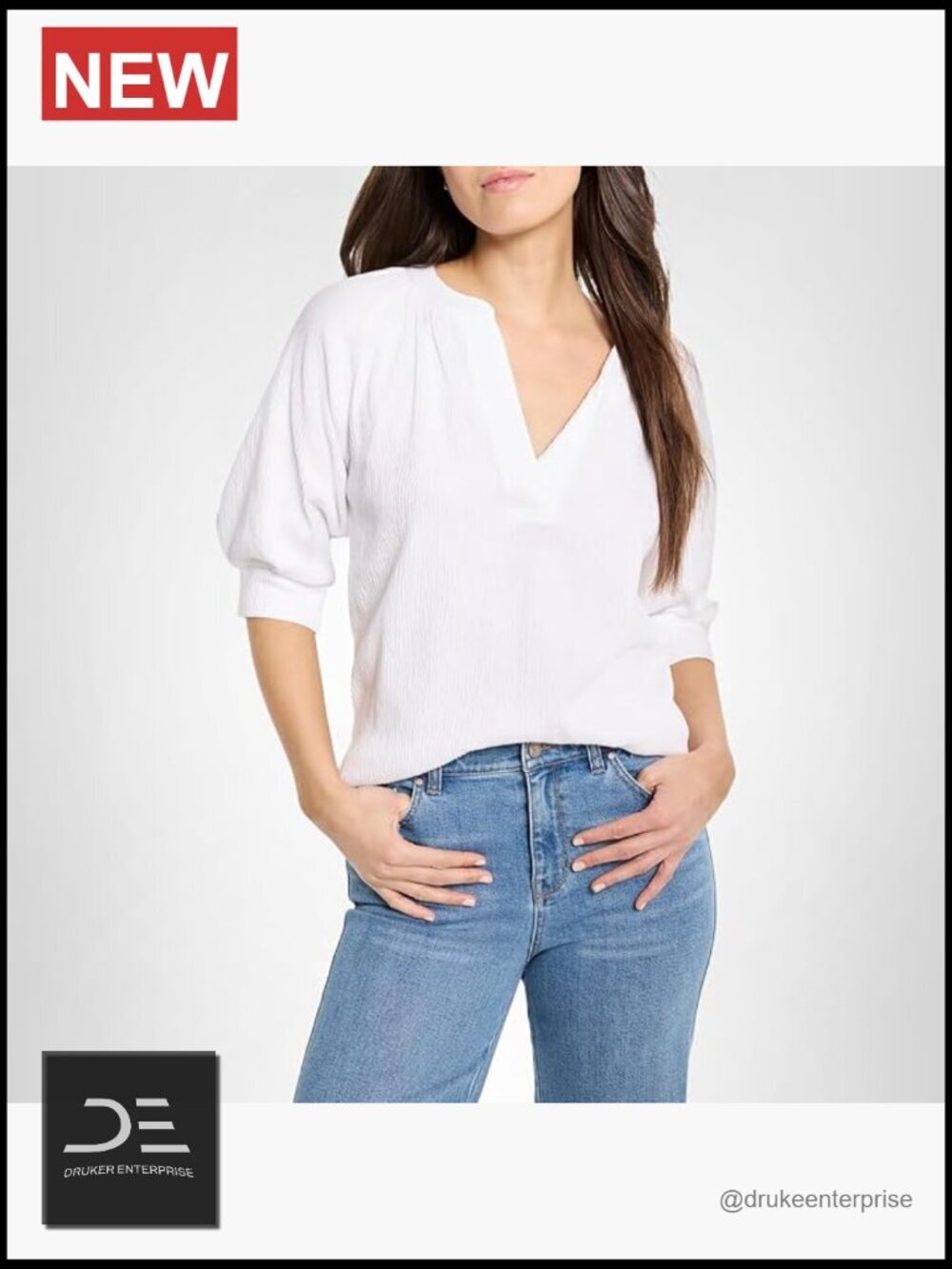 Crinkle Knit Café Top - Raglan Elbow Sleeves, Split Neck, Easy Fit